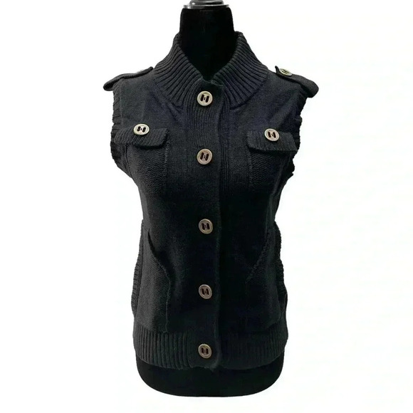 Pulse Sweaters - Pulse Sweater Vest Wool Cashmere Black Button Front Sleeveless Knit Size  Small